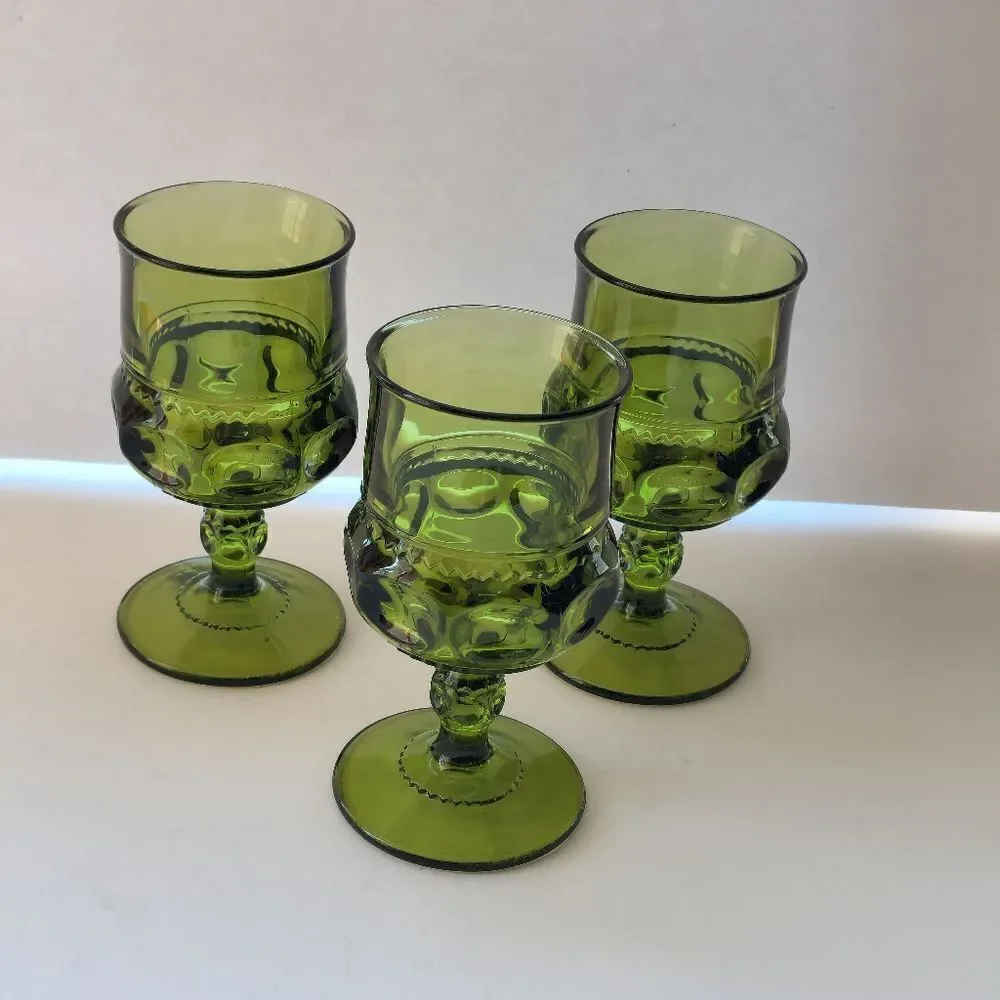 Vintage Indiana Glass Kings Crown Thumbprint Green Stemmed Glasses, Set Of 3